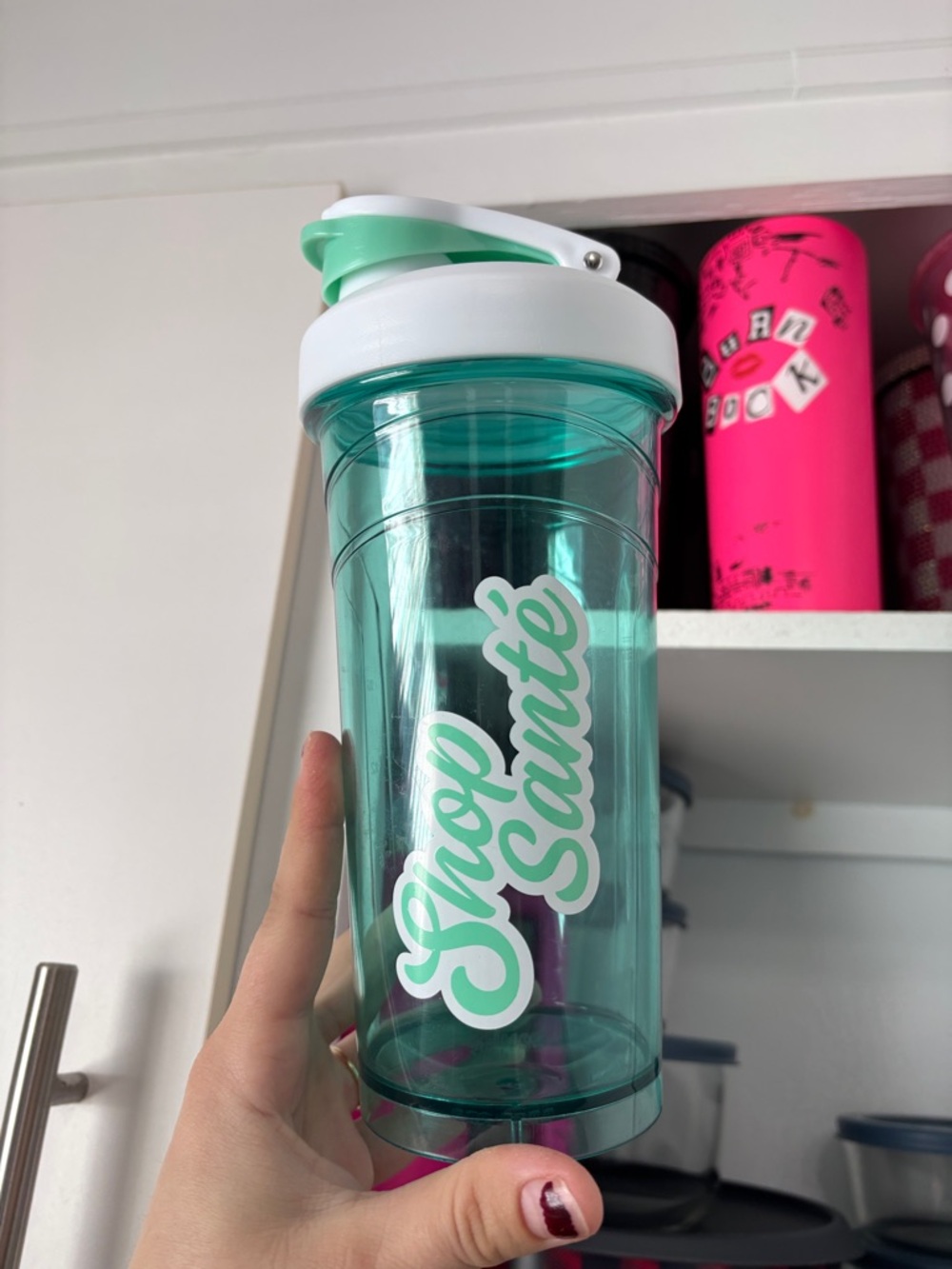 Shaker Cup with 'Shop Santé' Script in Teal and White